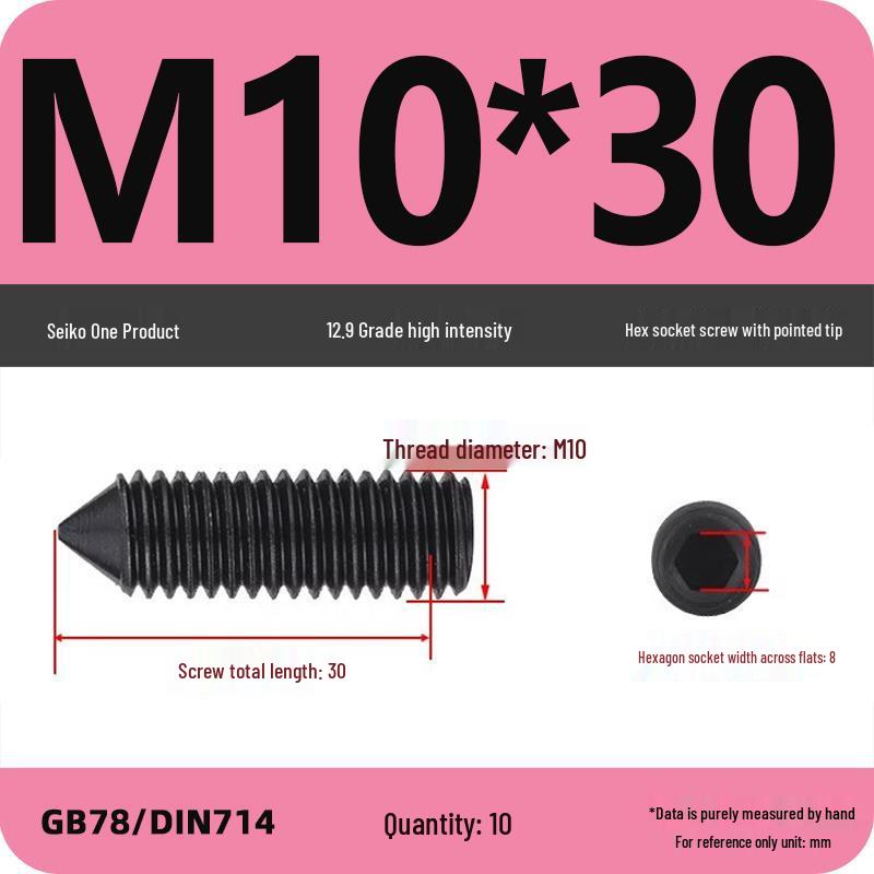 12.9 Grade Pointed Set Screw Grub Set: Headless Screws M3 M4 M5 M6 M8 M10