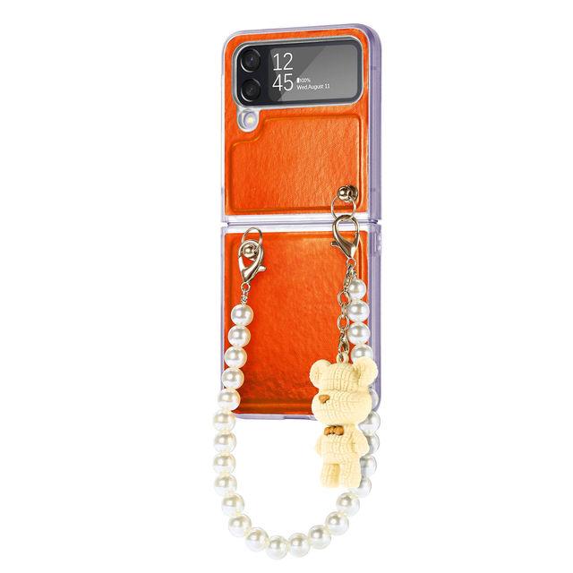 Für Samsung Galaxy Z Flip 4 5g Luxus Aurora Bunte Hülle mit Perlenkette Bär Anhänger Laser Gradient Bling Anti-Drop Cover