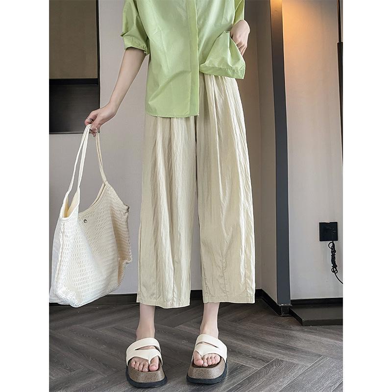 Women's High Waist Ice Silk Wide-Leg Carrot Pants - Petite, Slimming, Casual, Eight-Ninth Length for Spring/Summer