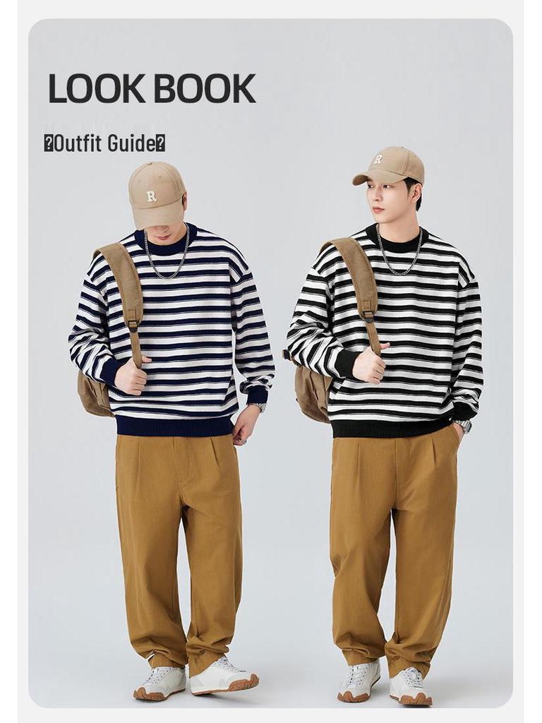Shanggu Men's Autumn Anti-Pilling Striped Sweater | Round Neck Loose Knitwear