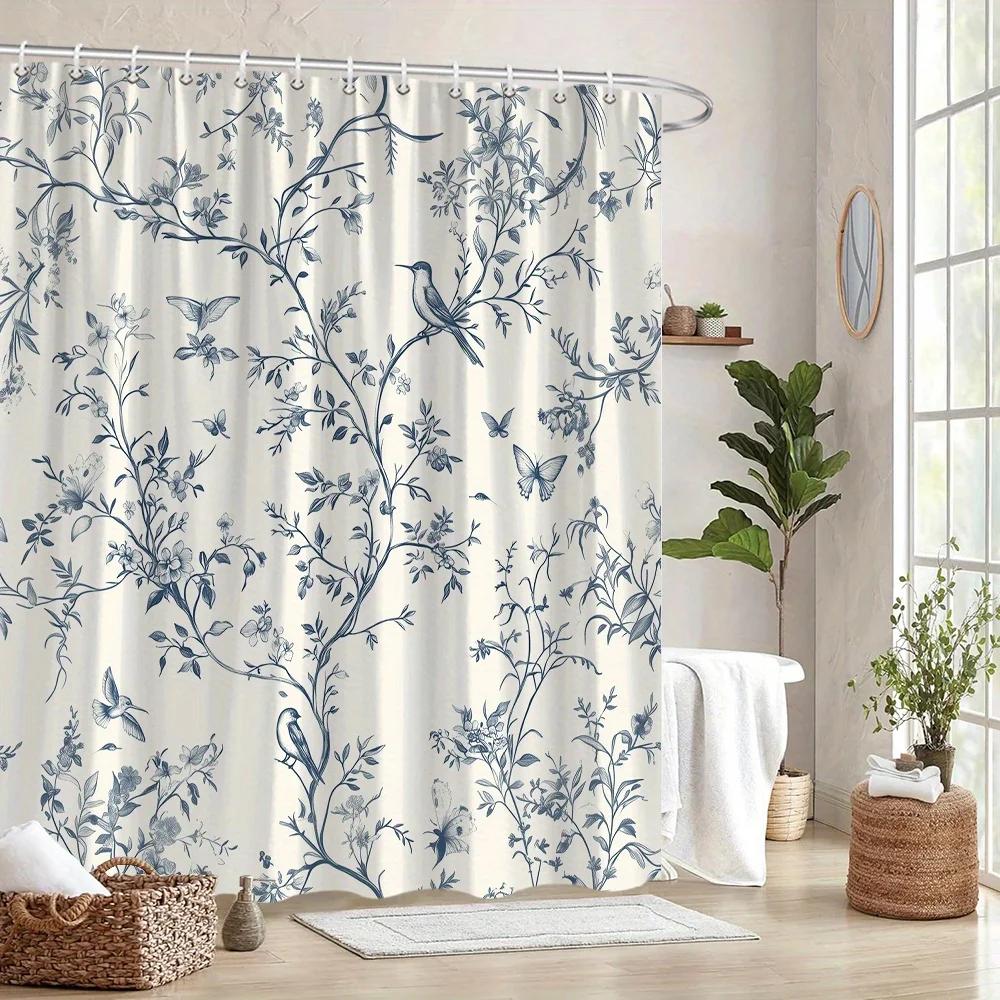 1 Vintage Botanical Shower Curtain with Detailed Blue Branches and Birds Design - Polyester with Hooks, Machine Washable