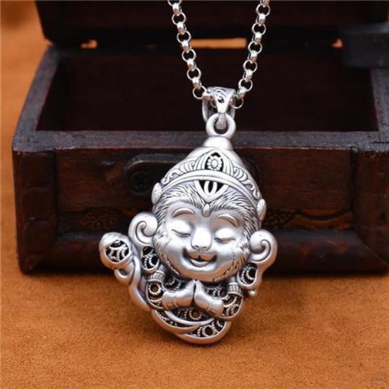 Vintage Monkey King Pendant Necklace Men Women Copper Alloy Retro Style U-Shaped Geometric Charm With Pearl Chain