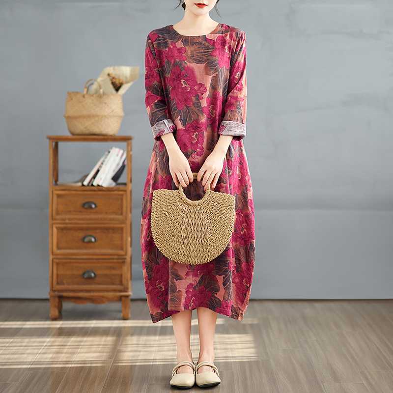 Round Neck Long Sleeve Loose Plus Size Long Dresses