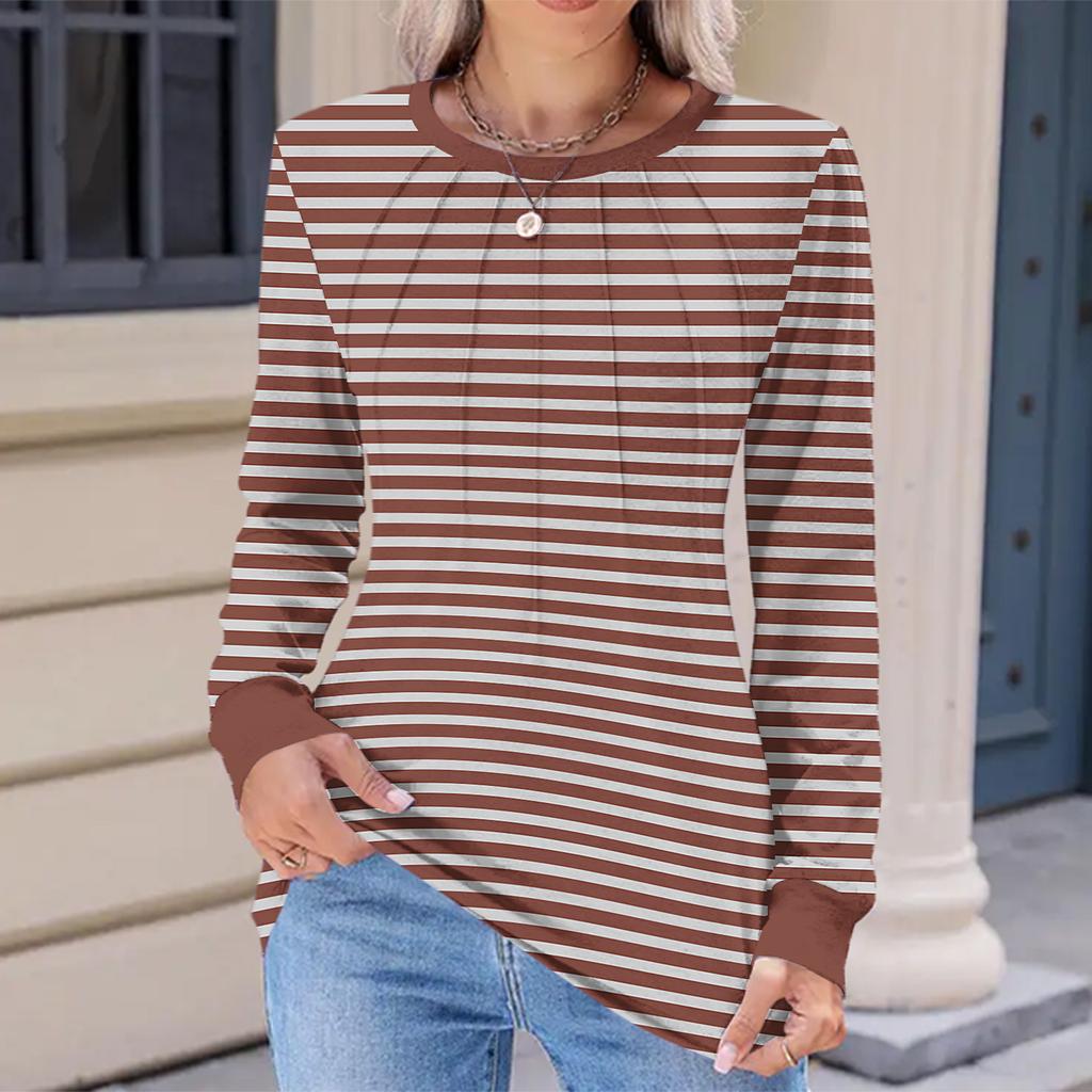 Women's Fashion Casual Striped Print Pleated Comfortable Round Neck Loose Long Sleeve T-shirt Top
