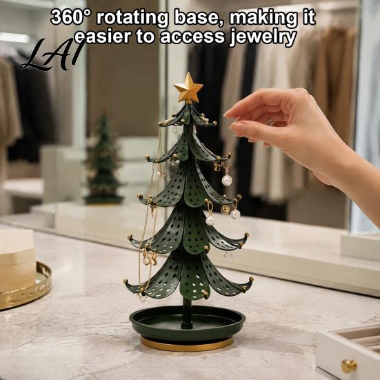 Holiday Tabletop Decor Christmas Tree Jewelry Stand 360 Degree Rotating Base Metal Earring Display Stand Rack Dark Green Tray for Necklaces