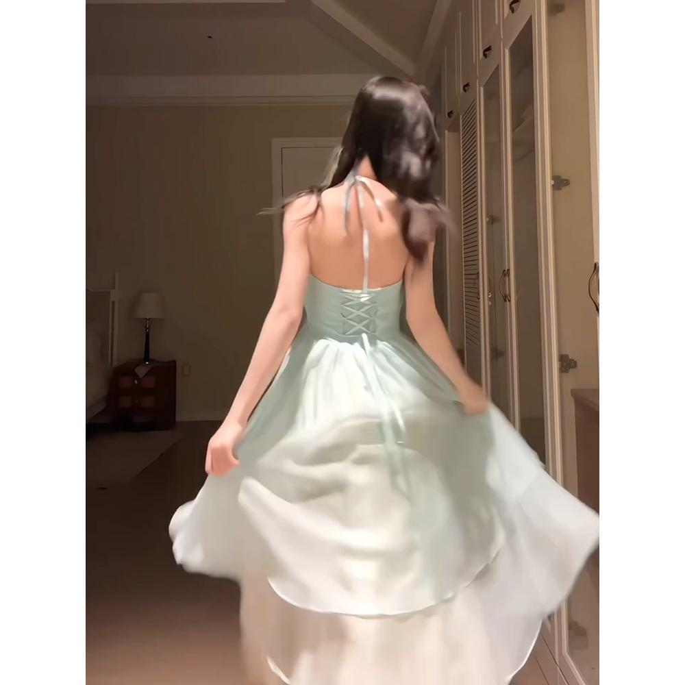 

Женское летнее новое платье-сарафан с ветром платикодона для приморского отпуска, повседневное, с атмосферой девушки, с открытой спиной, длинная юбка S- (can be worn within 45kg)