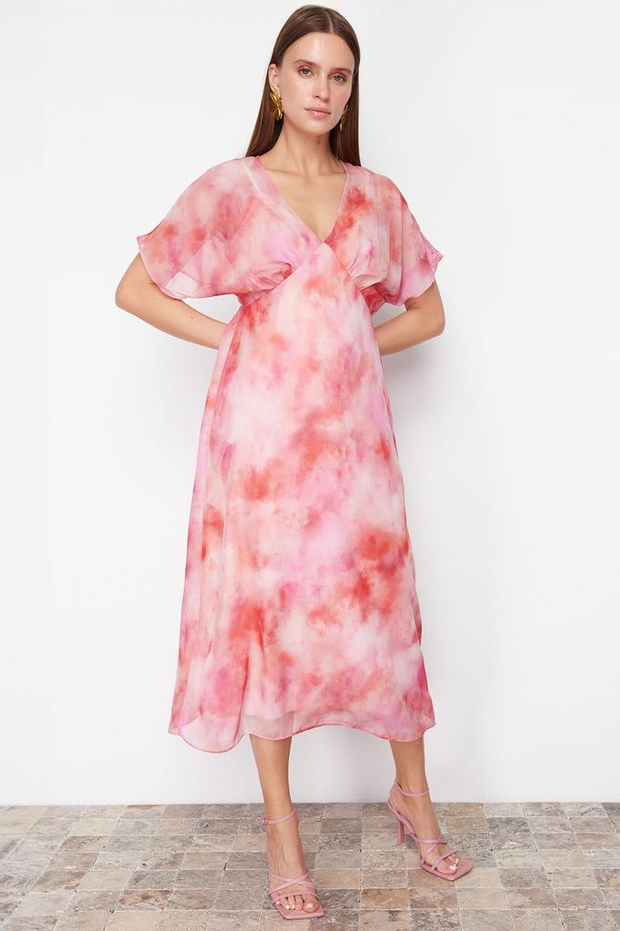 Women's Style Dress Pink Abstract Patterned A-line Chiffon Maxi Woven Dress