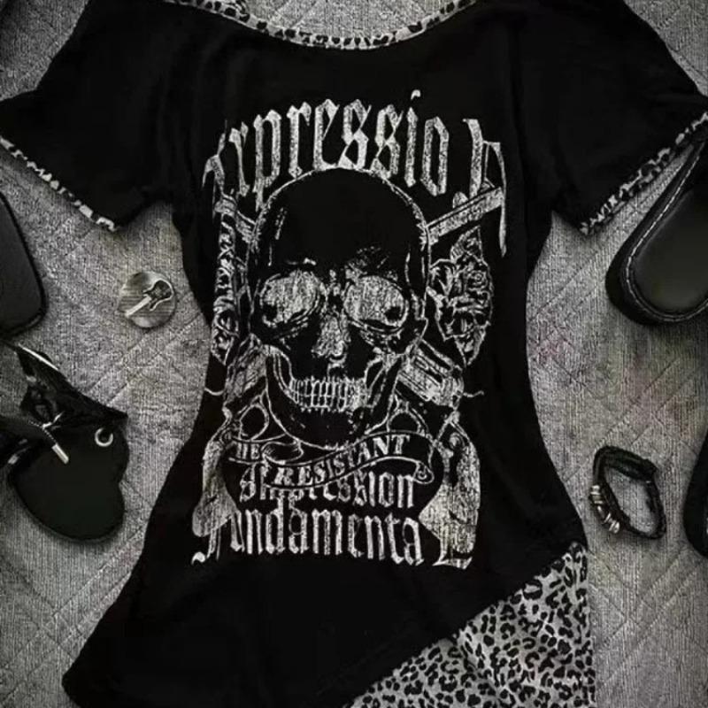 TrendHub Y2k Aesthetics Irregular Leopard Patchwork Vintage T-shirt Streetwear Skull Printing Tshirt Harajuku Slim Fit Fairy Grunge Tops