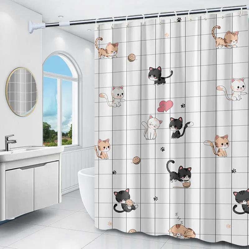 Shower Curtains Cartoon Naughty Cat Print Bathroom Curtain Waterproof Simple Easy To Clean PEVA Fabric with Hooks 200cm Cute