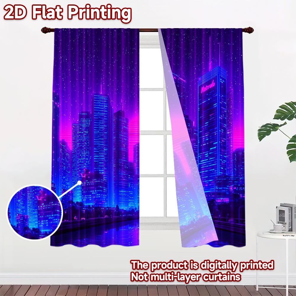 2D flat printing 2pcs Drapes Cyberpunk Cityscape Neon Glow Digital Printed Polyester Drapes Festive Wall Decor for Booths Studio