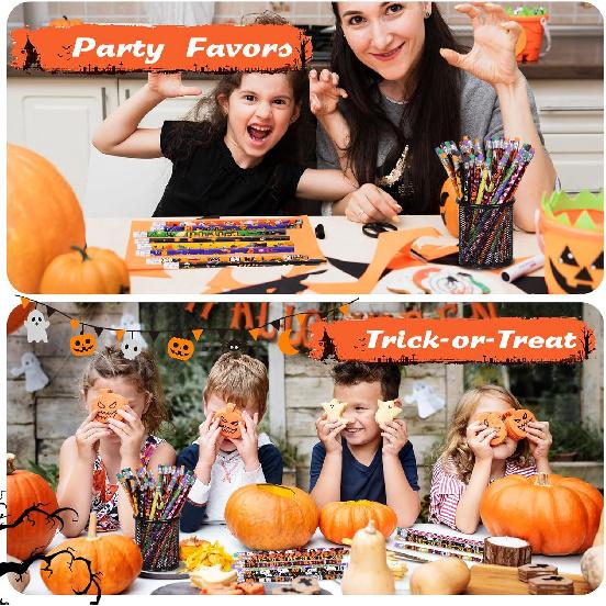 48 Pieces Halloween Pencils with Eraser Assortment Halloween Themed Pencil Ghost Pumpkin Skeleton Bat Spider Wooden Pencils for Halloween Party Favor
