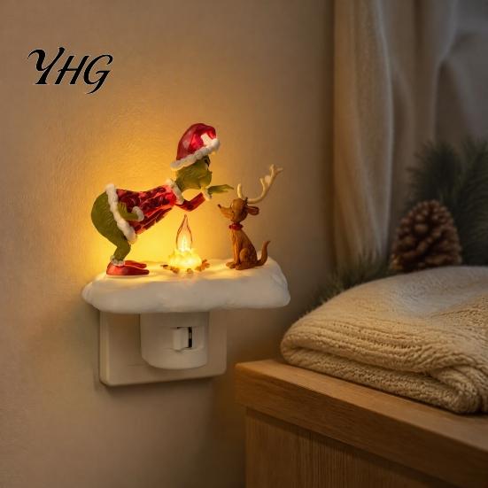 Festive Santa Bonfire Lamp Christmas Night Light, Claus Grandma Resin LED Soft Glowing Light for Kids Bedroom, Plug-in Ambient Lighting Home