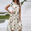Women's Fashionable Print Round Neck Loose Short Sleeved Pocket Pullover Dress
