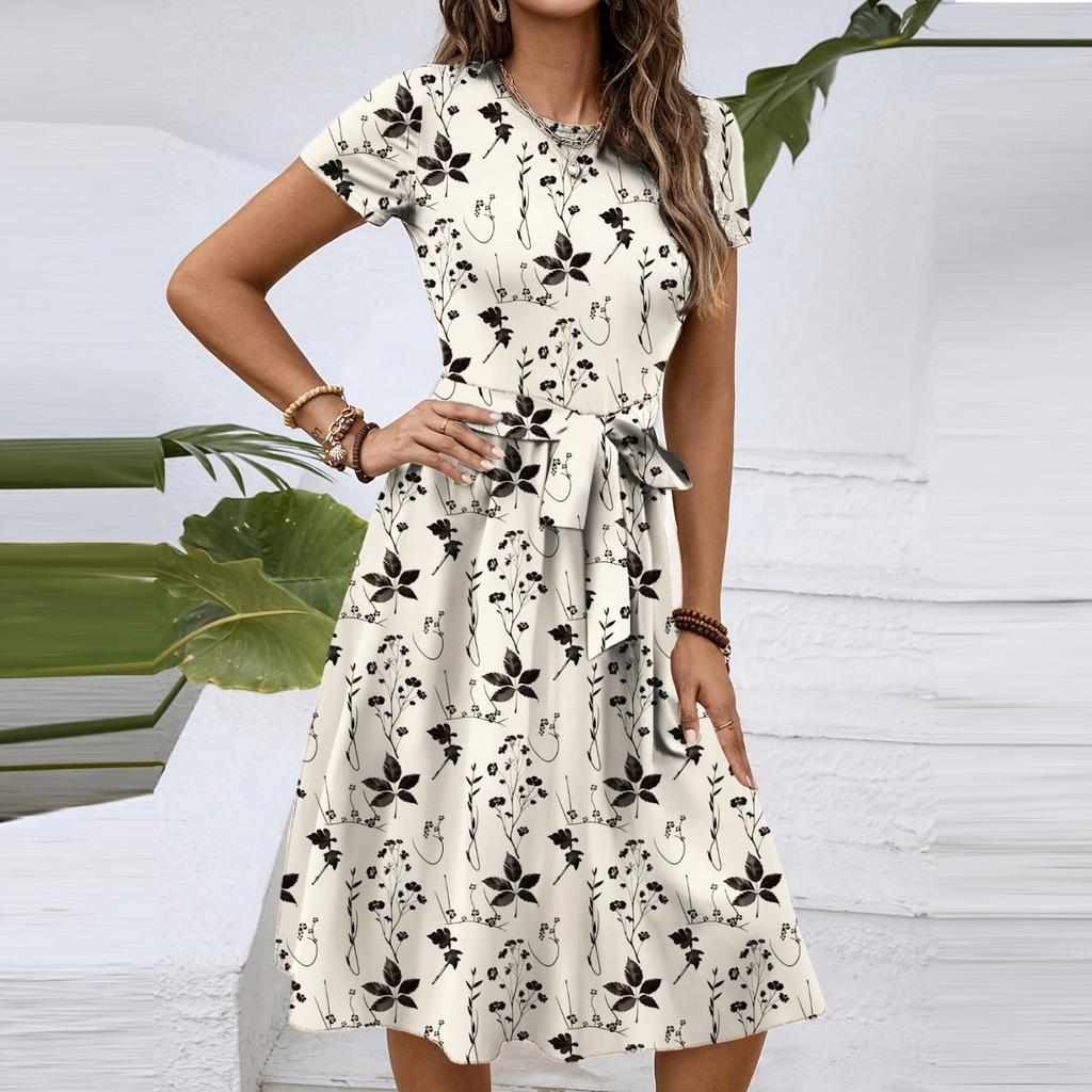 Women's Fashionable Print Round Neck Loose Short Sleeved Pocket Pullover Dress