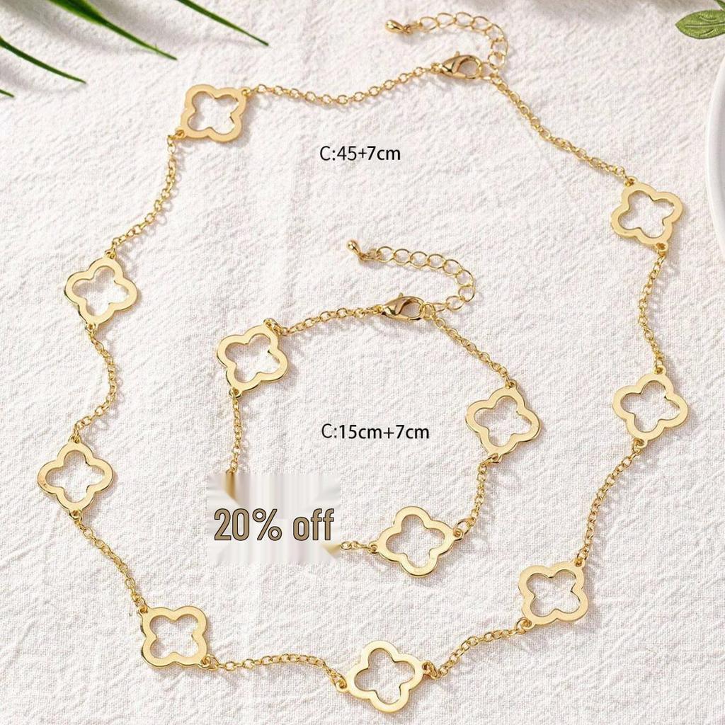 Metallic Four-Leaf Clover Bracelet & Necklace Set for Women