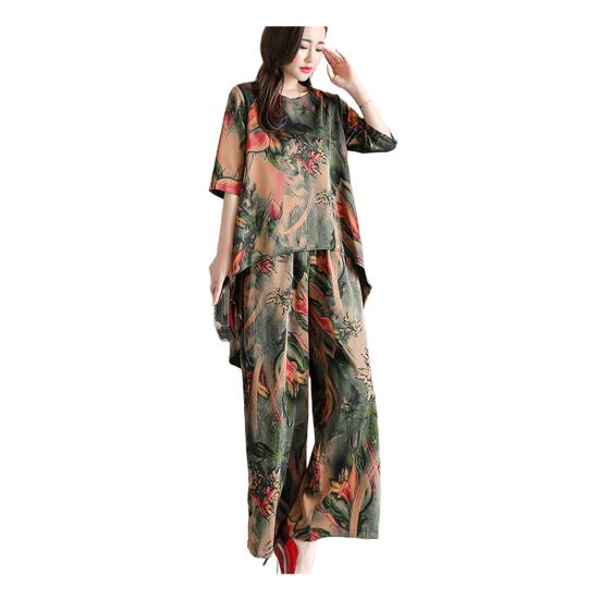 2Pcs/Set O-Neck Half Sleeve Casual Outfit High Low Hem Elastic Waistband Pockets Women Retro Pattern Long Top Wide Leg Pants Set Streetwear