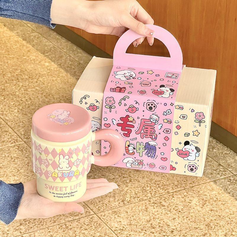 Cute Girl Cherry Blossom Rabbit Cup High-looking Ceramic Mug with Lid Spoon Office Breakfast Coffee Cup