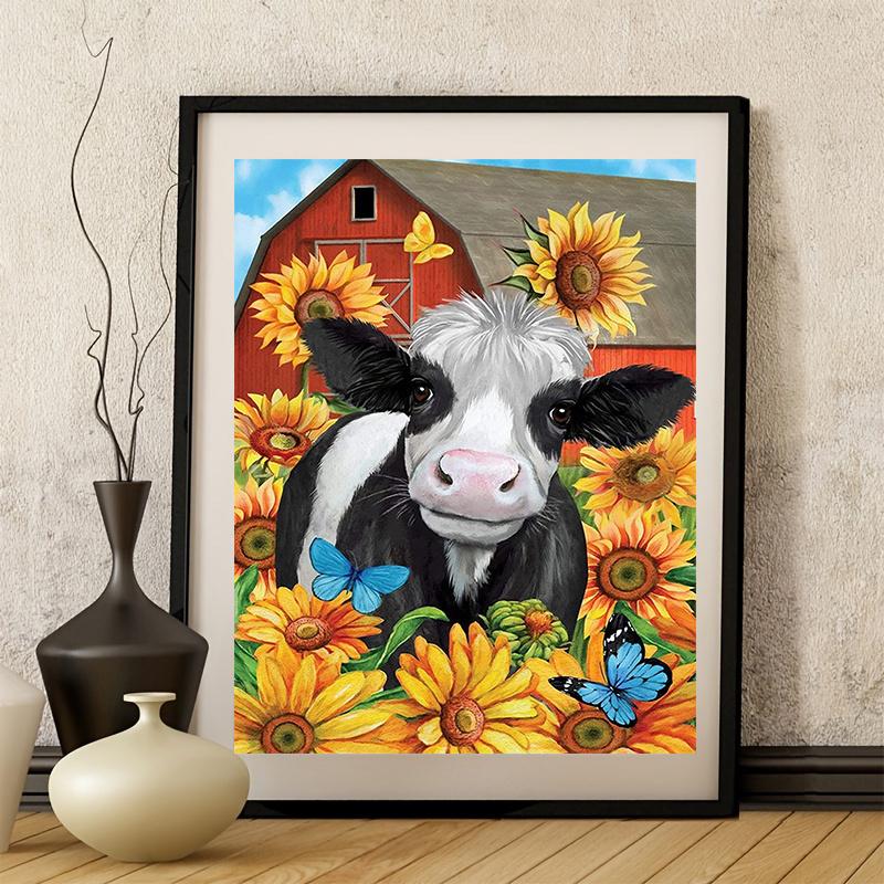 Kit Completo Diamond Painting 5D "Mucca Con Fiori", Tela 30x40 Cm, Diamantini Rotondi Scintillanti, Attività Antistress Fai Da Te Per Adulti E Bambini, Decorazione Casa