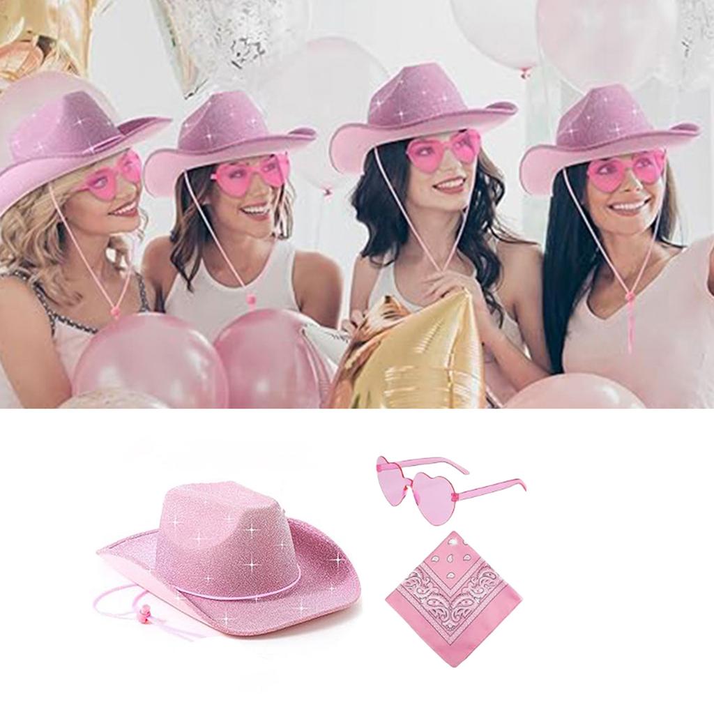 Glittering Pink Cowboy Hat Bandana Sunglasses Costume Women Musical Festival Dress Up Costume Bachelorette Party Props