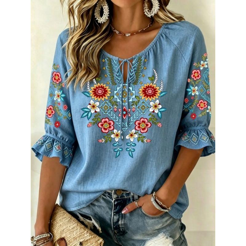 Women's Pink Floral Embroidered Tie Neck Blouse, Casual Loose Tops for Spring Summer Daily Wear & Vacation Occasions