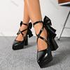 Fashion Women High Heels Shoes Sexy Pointed Toe Bow Cross Strap Buckle Pumps Black Platform Temperament Fashion Thick Heeled Dress Shoes