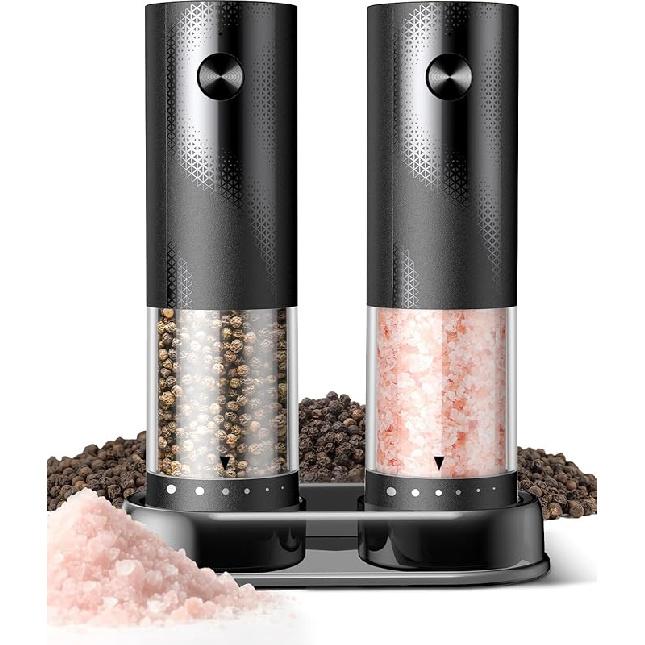 Electric Salt and Pepper Grinder Set - Rechargeable Automatic Salt and Pepper Shakers, Kitchen Appliances with External Adjustable Coarseness, Larger Black/Black