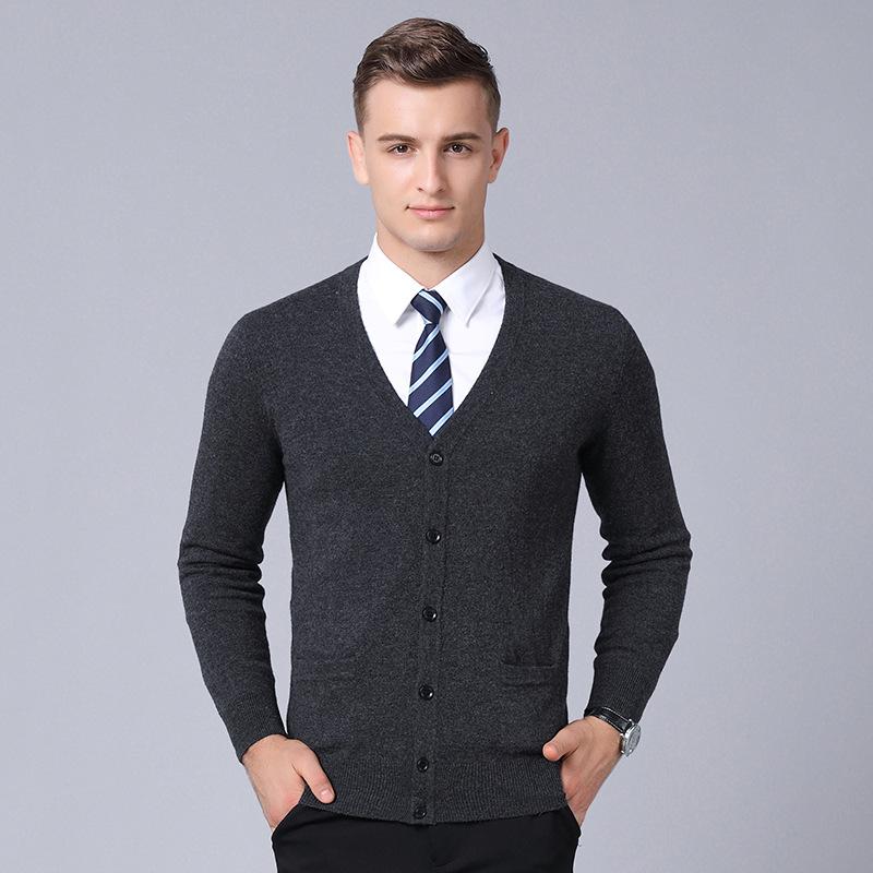 KAIDINGSEN Men s 100% Wool V-Neck Cardigan - Solid Color, Long Sleeve, Autumn/Winter Sweater L