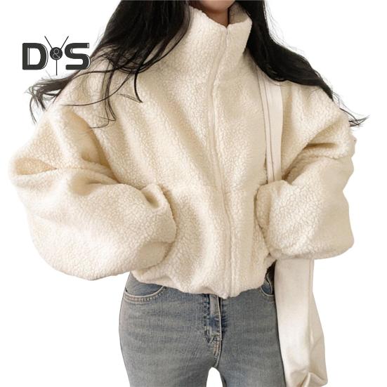 

Женское зимнее пальто из толстого флиса с воротником-стойкой, защитой шеи, застегивающимся на молнию, коротким кардиганом с длинными рукавами, защитой от холода, школьной курткой для активного отдыха M слоновая кость