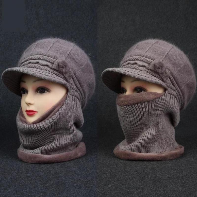 Women'S Rabbit Fur Winter Hat Scarf Combo Windproof Ear Protection For Mothers Thickened Knitted Beanie For Outdoor Riding Gift