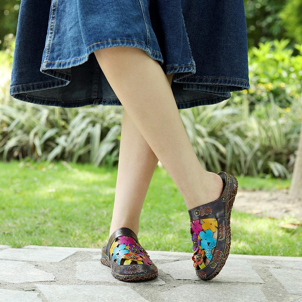 Johnature Pantofle Dámské Boty Pravá kůže Ručně malované Vnější skluzavky Ručně vyráběné květinové ploché sandály