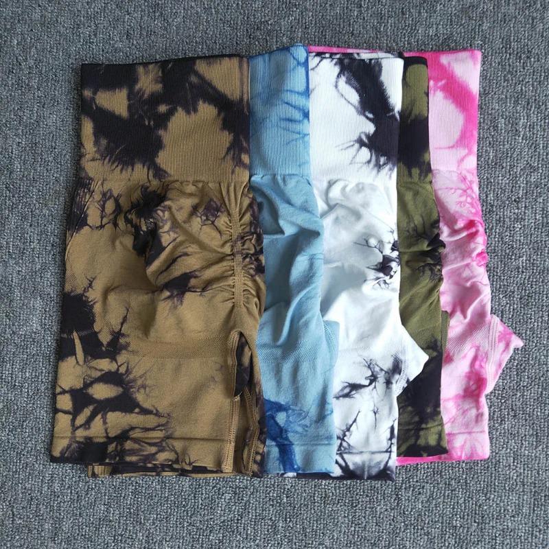 Sportovní šortky Seamless Tie Dye pro ženy Summer Elastic Scrunch Vysoký pas Push Up Tummy Control Gym Fitness Workout Jóga šortky