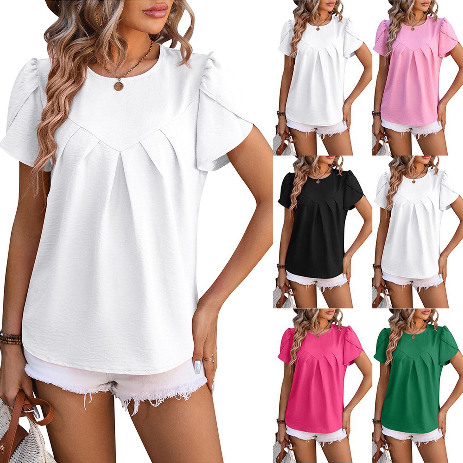 

Рубашки с коротким рукавом для женщин, милые топы, однотонные футболки, блузки, повседневные базовые топы больших размеров, пуловеры