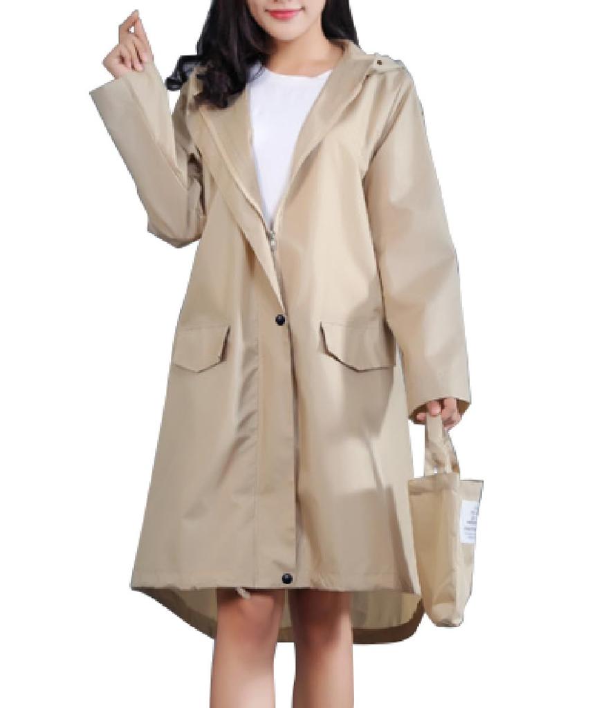 three Joy Raincoat with Rain Plus Long Storage Size L Women's Bag, Poncho, Size, Length, Stylish, Water-Repellent, Hooded, Zip-Up, Bag, Beige,