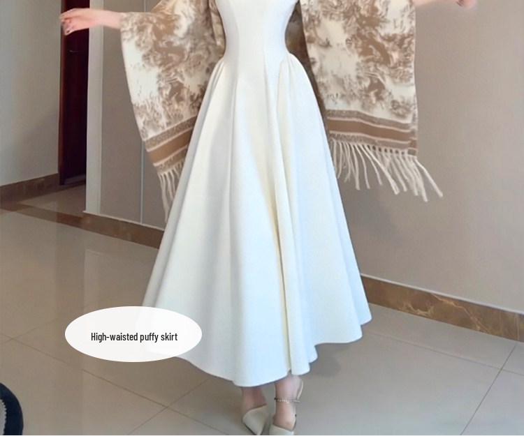 Elegant Women's Spaghetti Strap Waist-Cinched White Long Dress - Early Spring 2026 Collection, Romantic & Formal Design