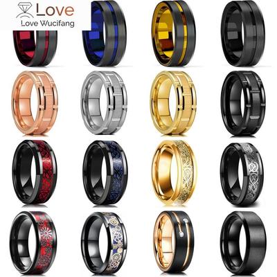 Mode Männer 8mm Gold Nut Abgeschrägte Kante Schwarz Wolfram Hochzeit Carbon Faser Ring Punk Zahnrad Edelstahl Ring für Männer