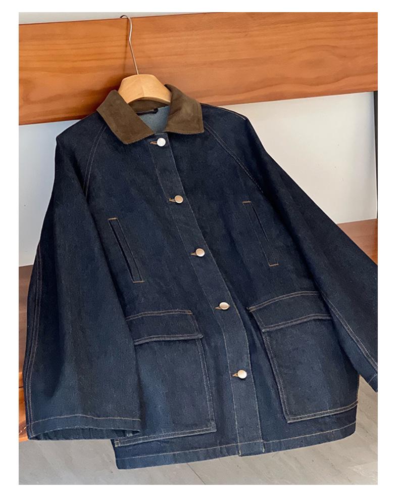 Wen Jiu Cordkragen Retro Patchwork Jeansjacke - Damen Frühjahrsstil 9504