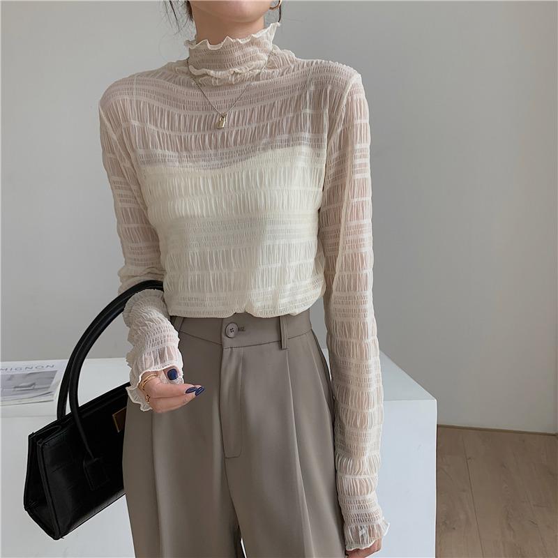 

Модная новая блузка с длинным рукавом, плиссированным кружевом, женский топ, однотонная, с оборками, стойка, приталенная, повседневная, элегантная, винтажная, однотонная, прозрачная, сексуальная рубашка 26318 One Size абрикосовый