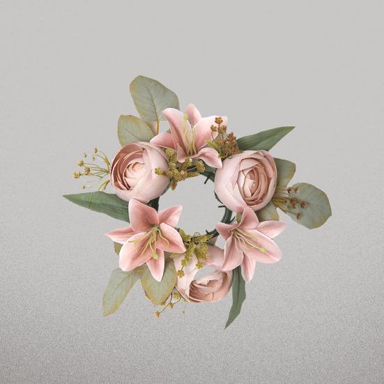 Mini Artificial Wreath Candle Ring Realistic Faux Lily Rose Garland with Plastic Base Candle Wine Decoration Weddings Party Dining Table Centerpiece