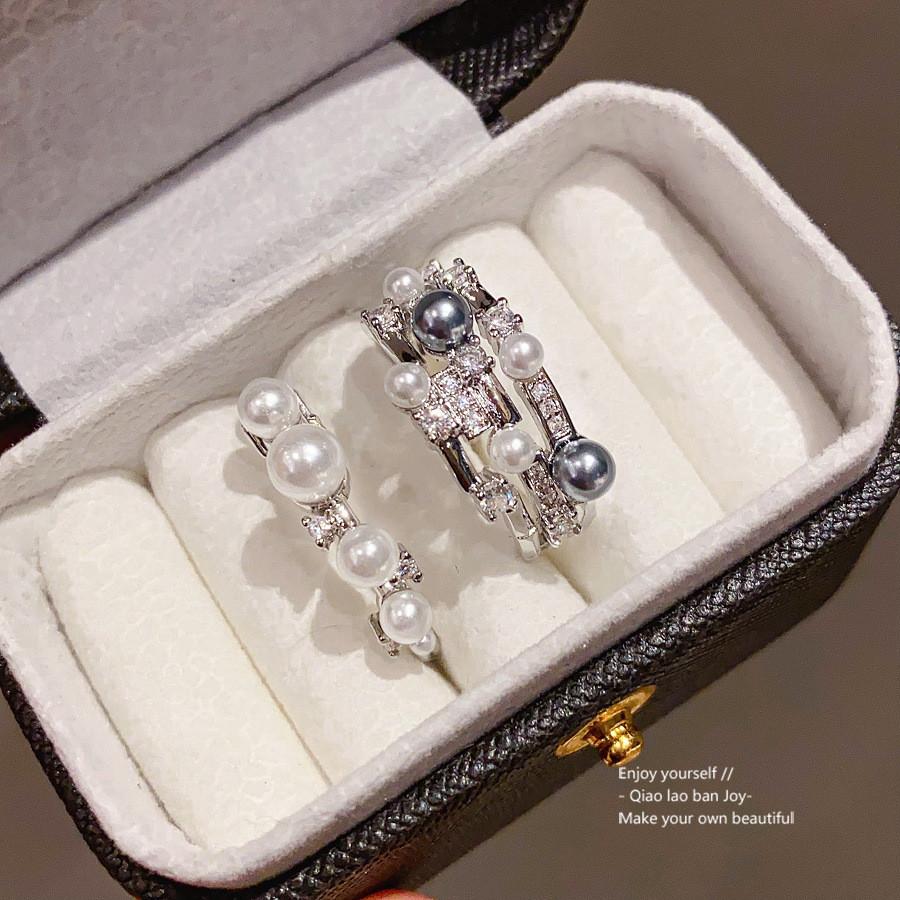 Zircon Threelayer Pearl Open Ring For Women Geometric Style Elegant Jewelry