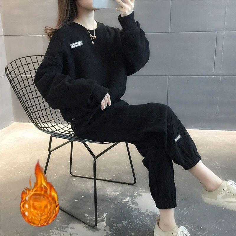 

Thick Velvet Casual Sportswear Suit Women s Autumn and Winter Fashion Loose Sweatshirt Two-piece Set 2XL чорний