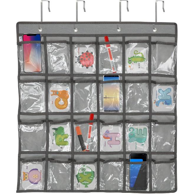 STOBOK Calculator Holder for Classroom Cell Phone Storage Pocket Pouch Multi-Function Wall Hanging 24 Grids Clear Pocket Chart for Home Office