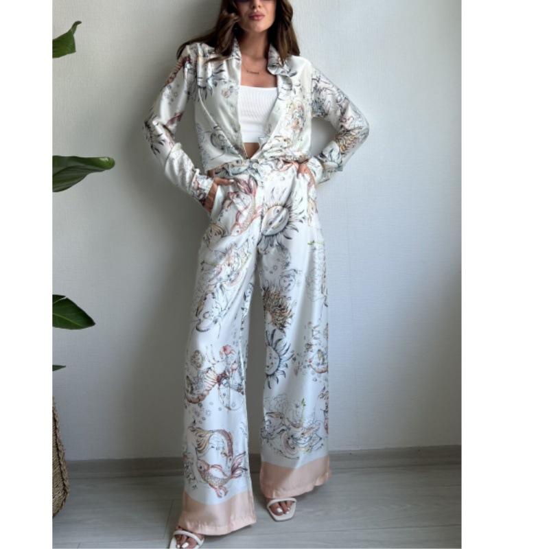 European and American cross-border women's suit 2024 new spring and summer fashion positioning printed long-sleeved top wide-leg pants two-piece set