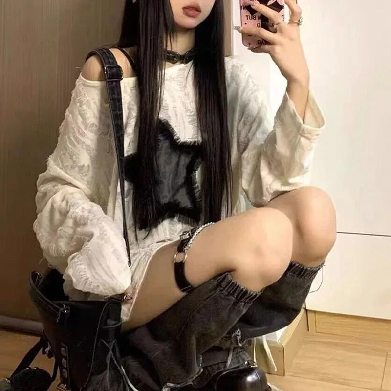 Y2K Hole Star Print T-Shirt Women Fashion Streetwear Off Shoulder Tops Summer Oversized Kpop Long Sleeve Loose Tees Ladies