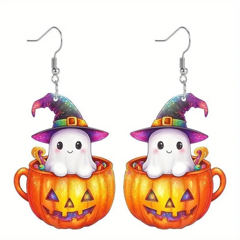 Ghost Halloween Themed Pumpkin Pot Pattern Women Acrylic Earrings Festival For