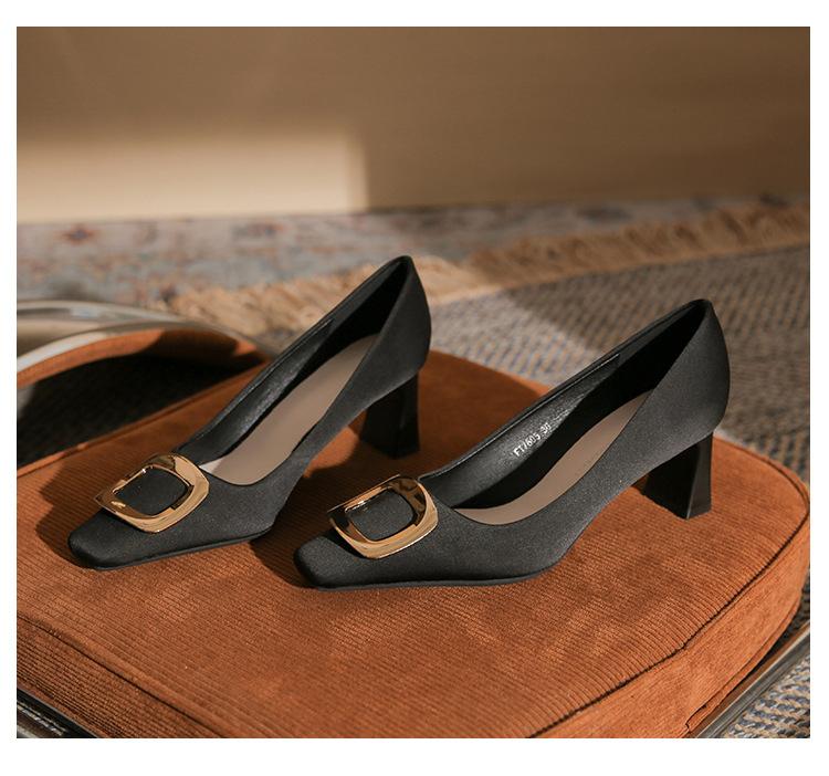 76055B Fashion Classic Square Head Thick Heel Women's Single Shoes High Sense Sexy Versatile Square Buckle Women's Single Shoes