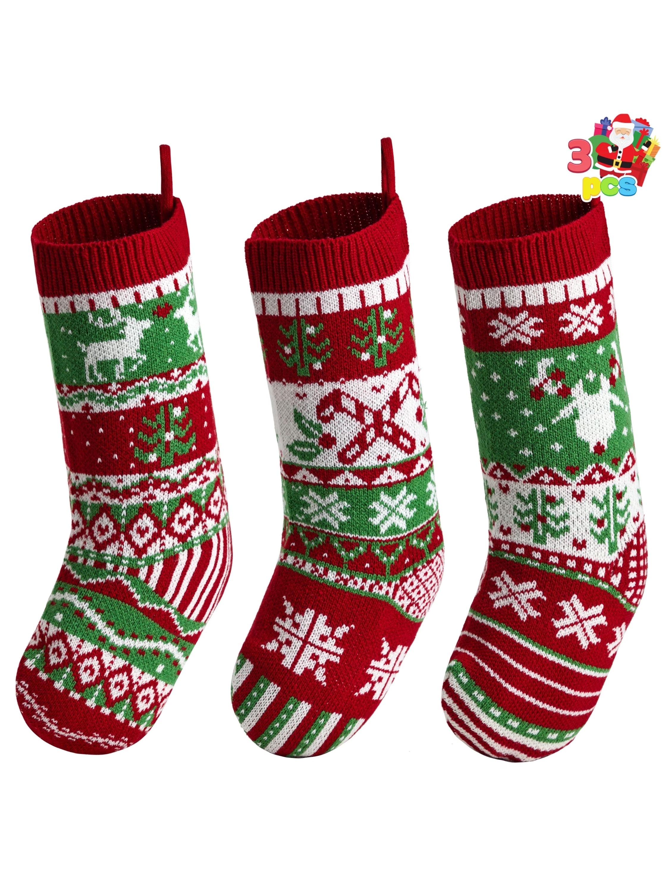 Joyfy 3 Pcs 18 Knit Christmas Stockings Large Rustic Cable Knit Xmas Stocking in Red & Green for Christmas Holiday Decorations