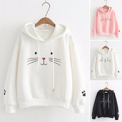 Women Pullover Coat Cute Pattern Hooded Long Sleeves Loose Hoodie Autumn Winter Ribbed Cuff Sweatshirt Streetwear