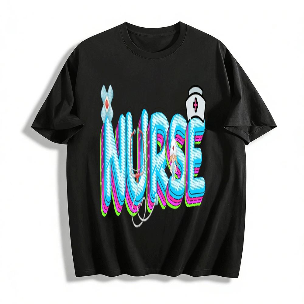 Fun Nurse Themed Printed Casual Tee Nurse Element Loose Top Pure cotton T-shirt XXS