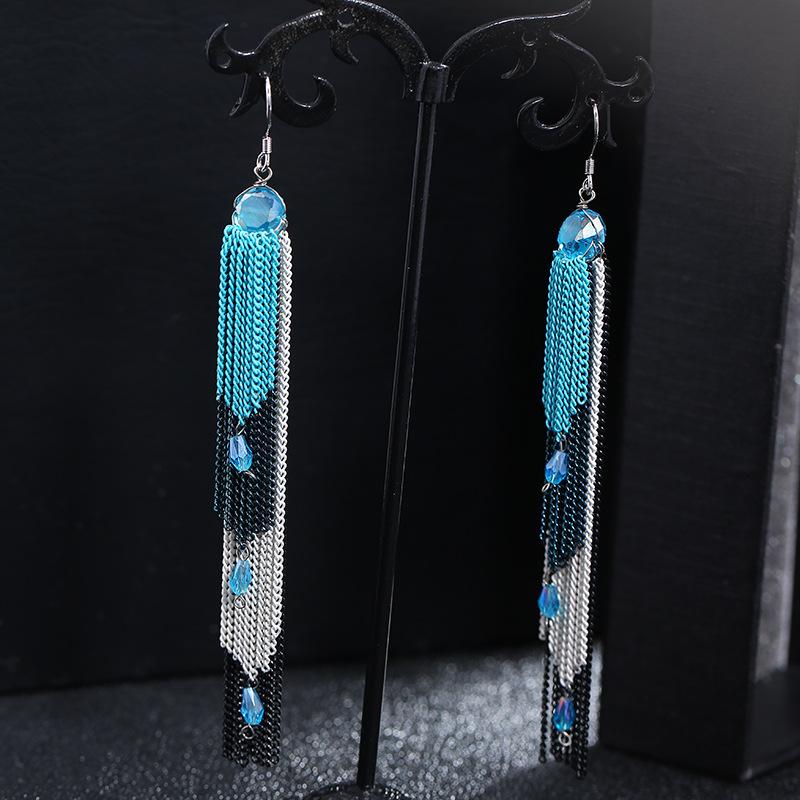 Retro trendy bohemian crystal fringed earrings 925 silver stud earrings temperament long women's personalized earrings