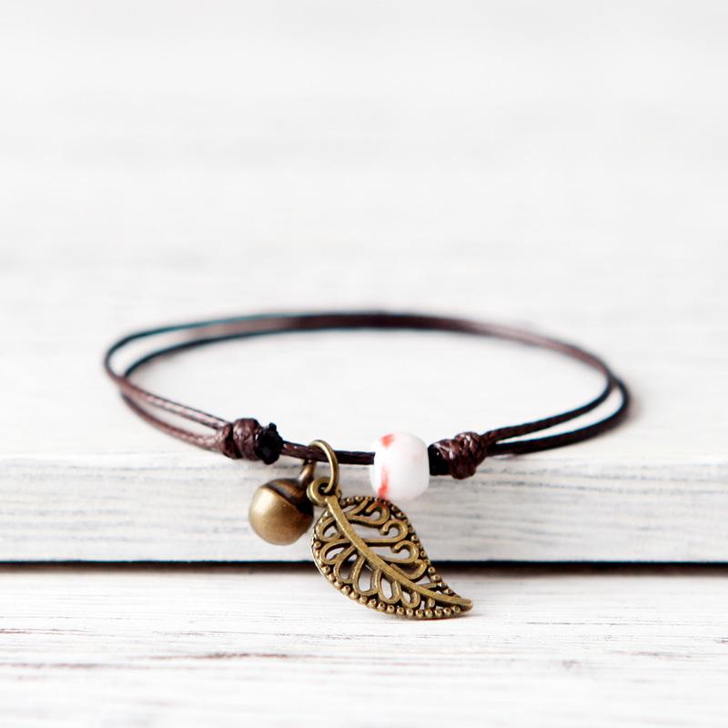 Ethnic Style Anklet For Women Vintage Bronze Leaf & Bell With Colorful Ceramic Bead Pendant On Leather Rope
